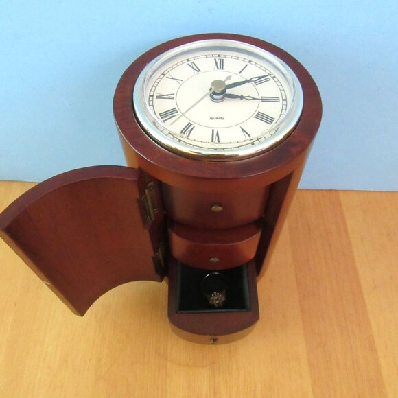 Vintage wood cylinder jewelry box with working clock - 6" tall - unisex - Picture 2 of 14